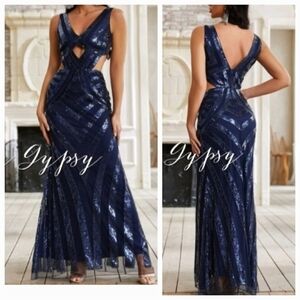 PREMIUM BRAND GLAMOROUS CONTRAST SEQUIN CUT OUT NAVY BLUE EVENING GOWN